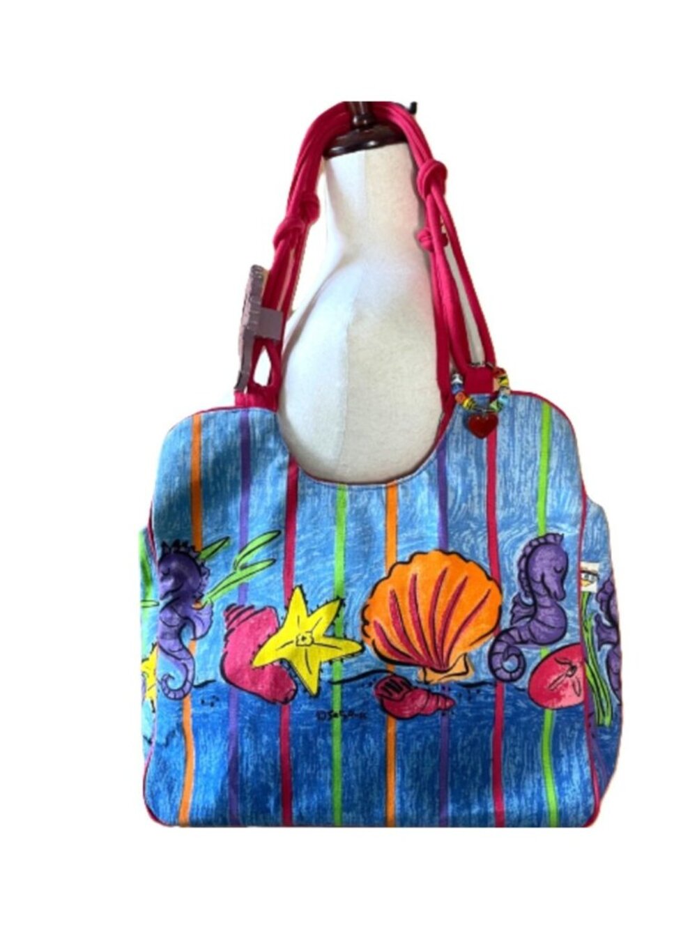 Vintage 90s Sally Huss Canvas Beach Tote Bag Seahorse Starfish Shells Sea Life